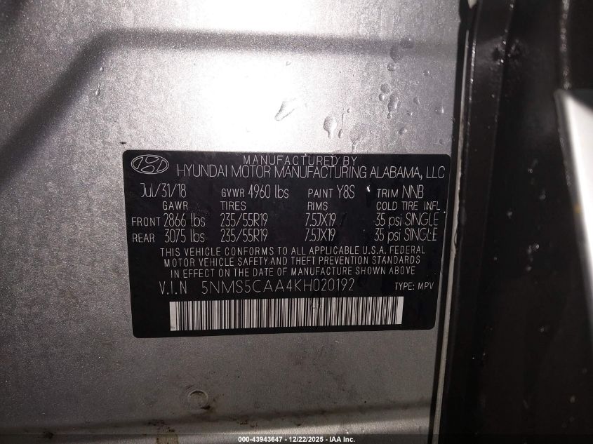 2019 Hyundai Santa Fe Limited 2.0T VIN: 5NMS5CAA4KH020192 Lot: 43943647