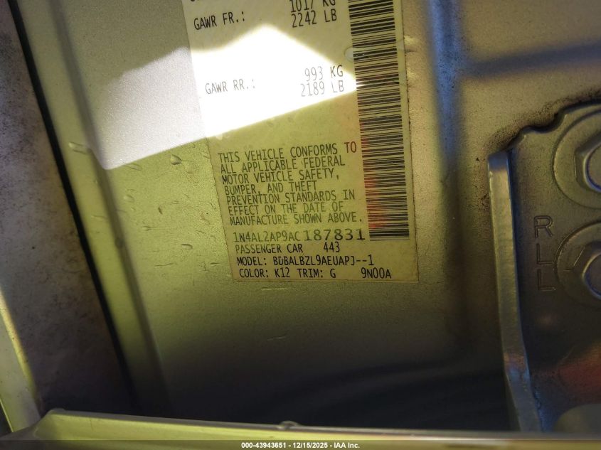 2010 Nissan Altima 2.5 S VIN: 1N4AL2AP9AC187831 Lot: 43943651