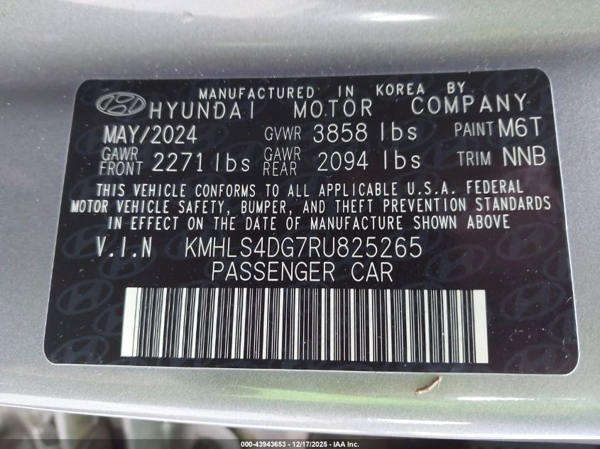 2024 Hyundai Elantra Sel VIN: KMHLS4DG7RU825265 Lot: 43943653