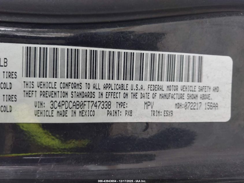 2015 Dodge Journey American Value Pkg VIN: 3C4PDCAB0FT747338 Lot: 43943654