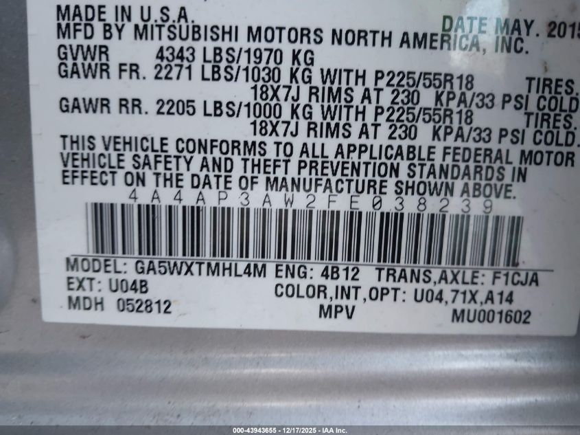 2015 Mitsubishi Outlander Sport Es VIN: 4A4AP3AW2FE038239 Lot: 43943655