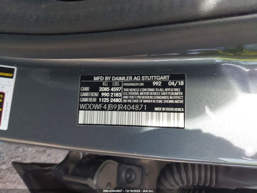 2018 Mercedes-Benz C 300 VIN: WDDWF4JB9JR404871 Lot: 43943657