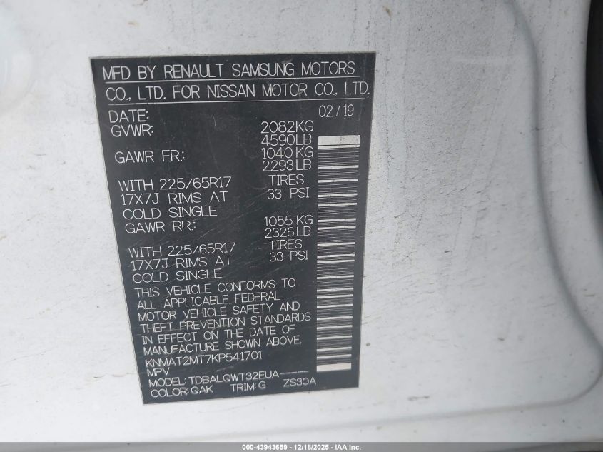 2019 Nissan Rogue Sv VIN: KNMAT2MT7KP541701 Lot: 43943659