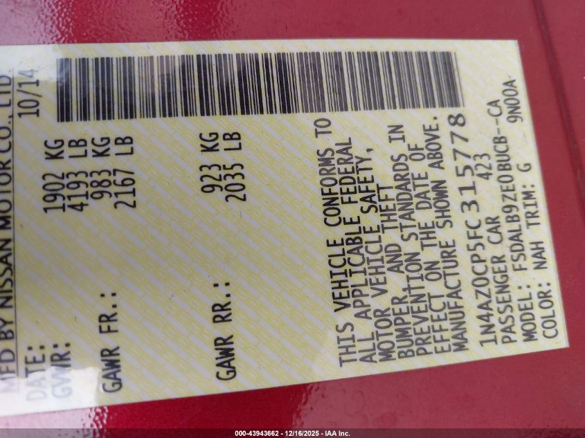 2015 Nissan Leaf S VIN: 1N4AZ0CP5FC315778 Lot: 43943662