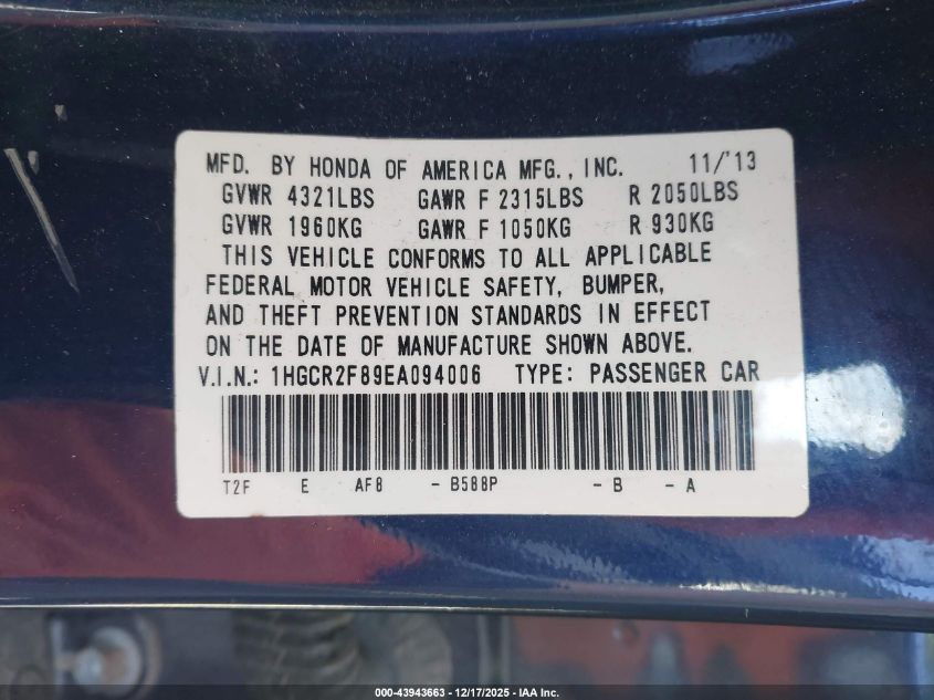 2014 Honda Accord Ex-L VIN: 1HGCR2F89EA094006 Lot: 43943663