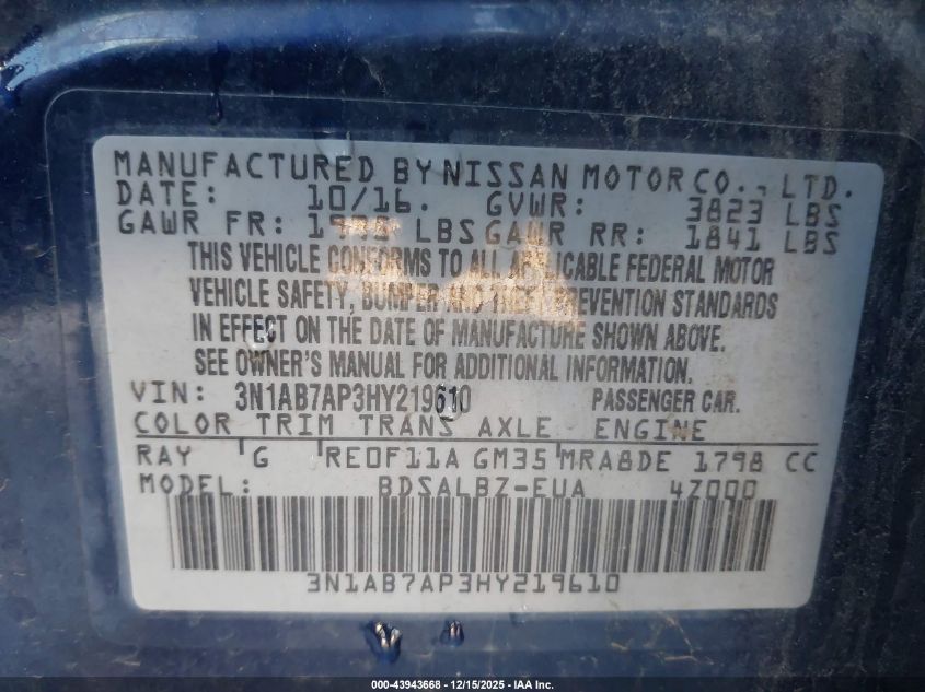 2017 Nissan Sentra S VIN: 3N1AB7AP3HY219610 Lot: 43943668