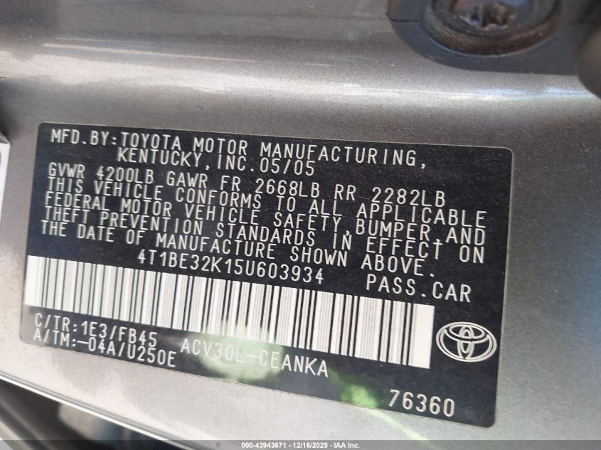 2005 Toyota Camry Le VIN: 4T1BE32K15U603934 Lot: 43943671