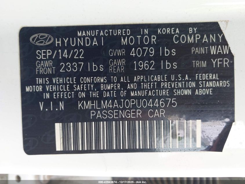 2023 Hyundai Elantra Hybrid Blue VIN: KMHLM4AJ0PU044675 Lot: 43943674