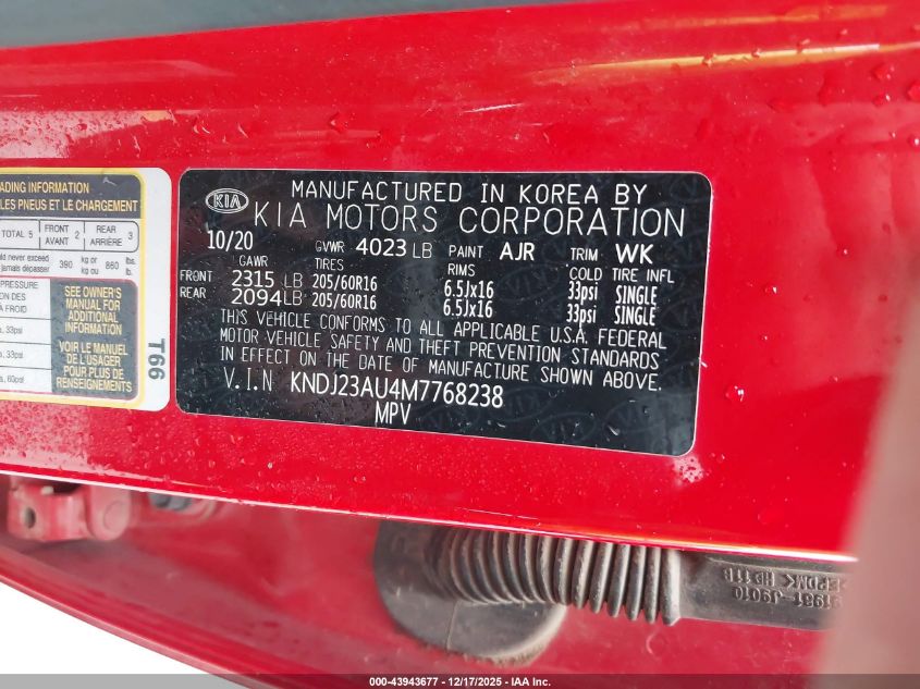 2021 Kia Soul Lx VIN: KNDJ23AU4M7768238 Lot: 43943677