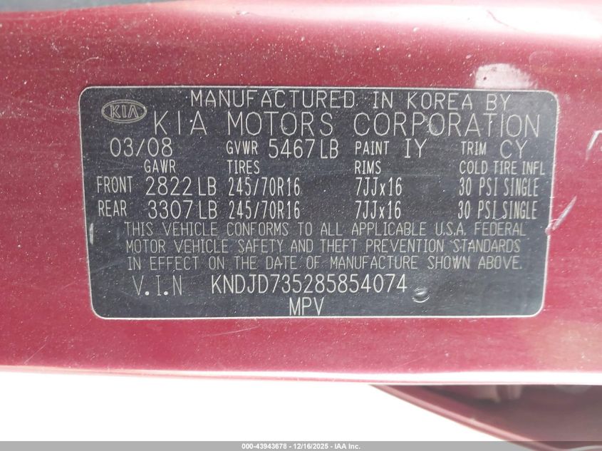 2008 Kia Sorento Lx VIN: KNDJD735285854074 Lot: 43943678
