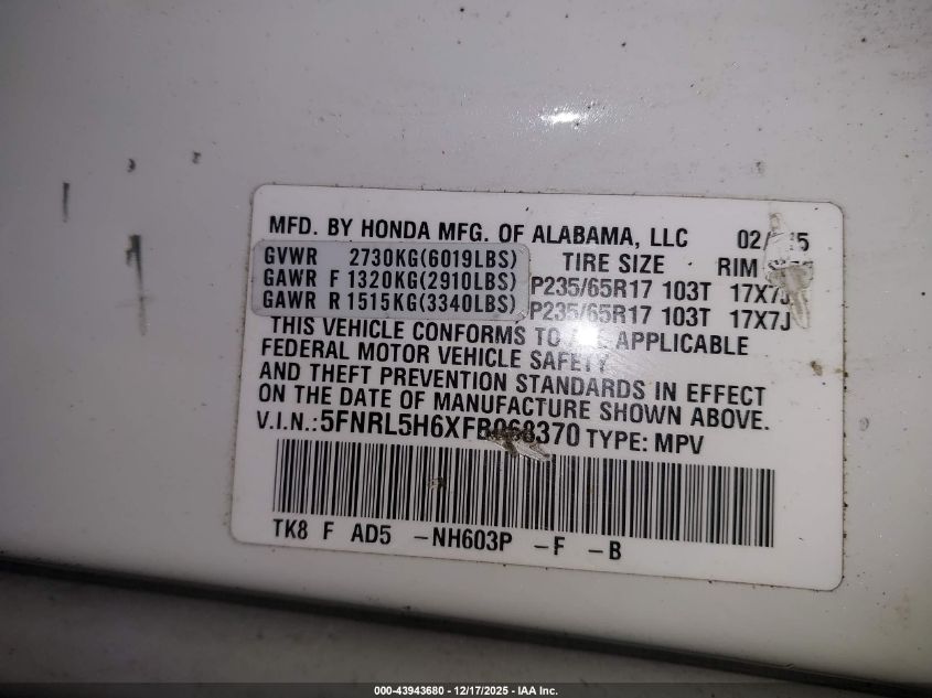 2015 Honda Odyssey Ex-L VIN: 5FNRL5H6XFB068370 Lot: 43943680