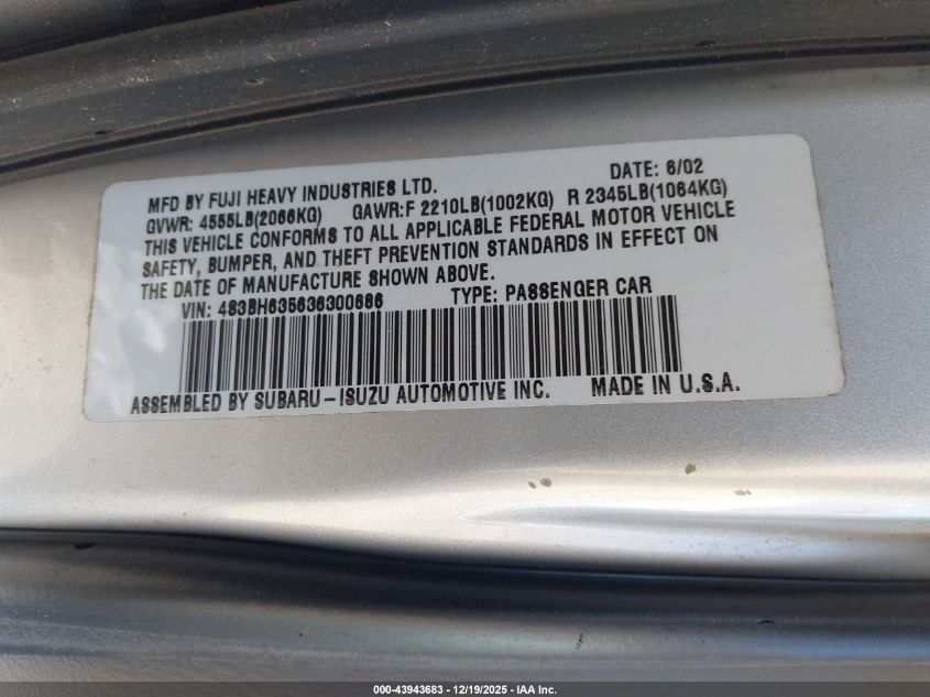 2003 Subaru Legacy L/L W/Special Edition Package VIN: 4S3BH635636300686 Lot: 43943683