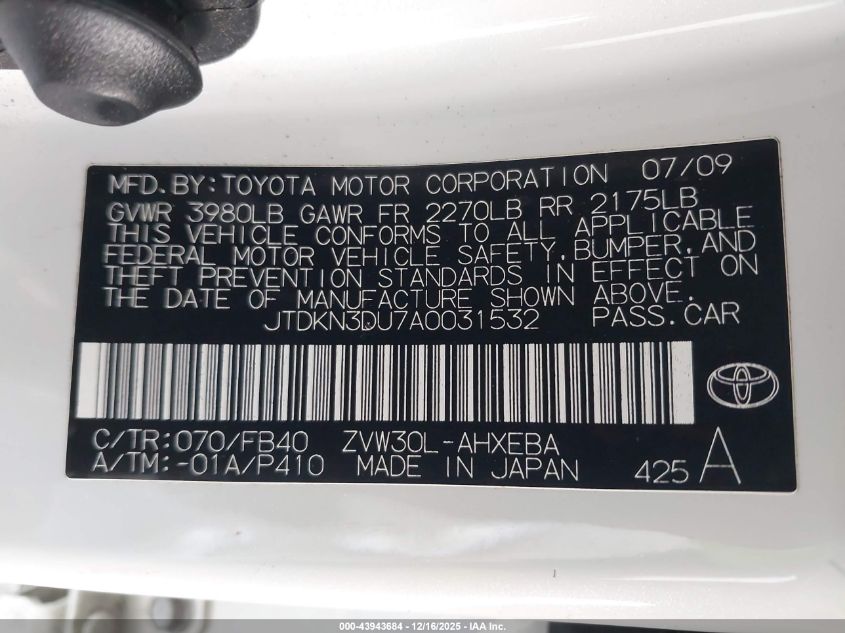 2010 Toyota Prius Ii VIN: JTDKN3DU7A0031532 Lot: 43943684