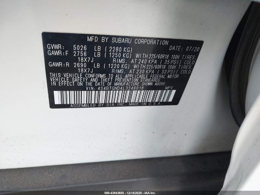 2020 Subaru Outback Limited Xt VIN: 4S4BTGND4L3246018 Lot: 43943685