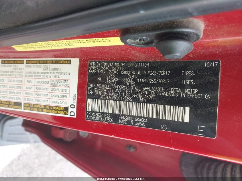 2018 Toyota 4Runner Sr5 Premium VIN: JTEZU5JRXJ5172395 Lot: 43943687