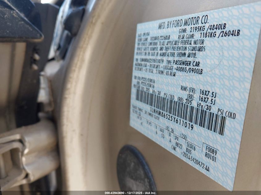 2005 Lincoln Ls V6 VIN: 1LNHM86S25Y611019 Lot: 43943690