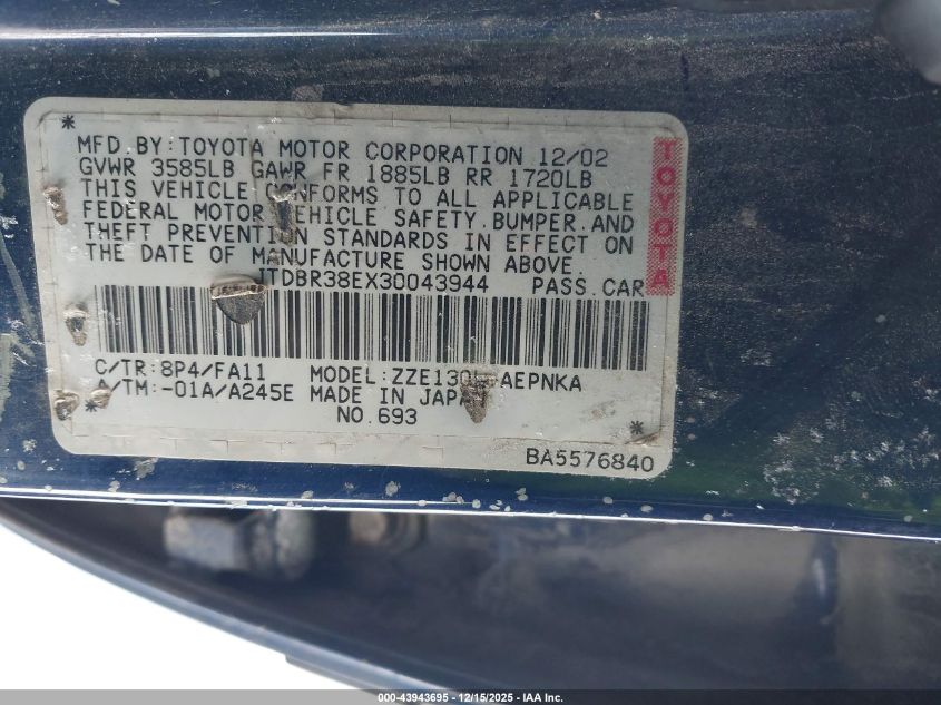 2003 Toyota Corolla Le VIN: JTDBR38EX30043944 Lot: 43943695