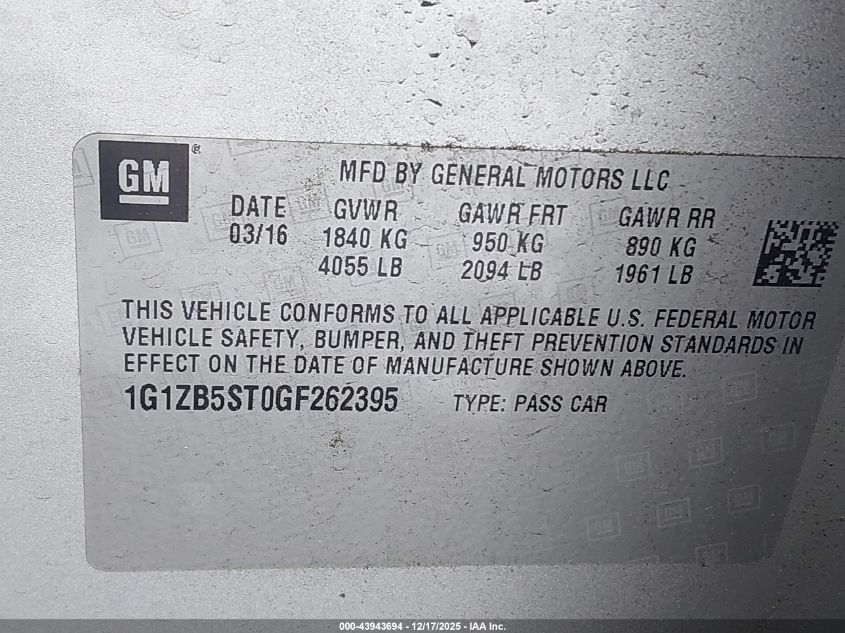 2016 Chevrolet Malibu Ls VIN: 1G1ZB5ST0GF262395 Lot: 43943694