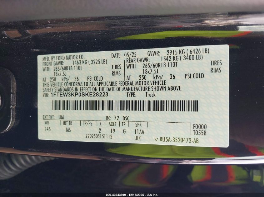 2025 Ford F-150 Xlt VIN: 1FTEW3KP0SKE28223 Lot: 43943699