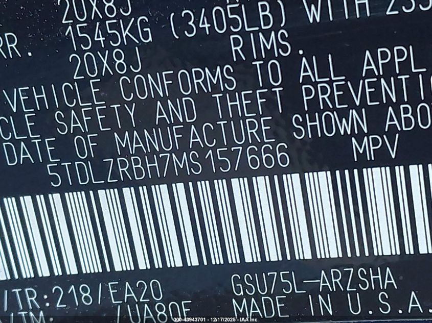 2021 Toyota Highlander Xse VIN: 5TDLZRBH7MS157666 Lot: 43943701