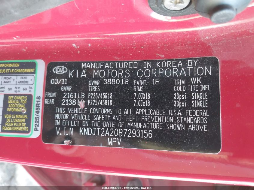 2011 Kia Soul + VIN: KNDJT2A20B7293156 Lot: 43943702