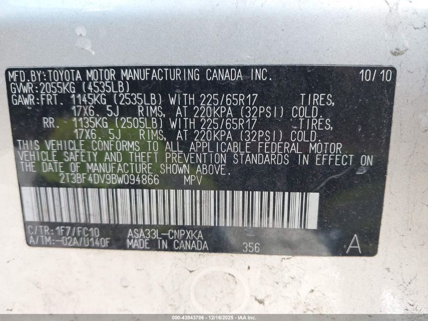 2011 Toyota Rav4 VIN: 2T3BF4DV9BW094866 Lot: 43943706