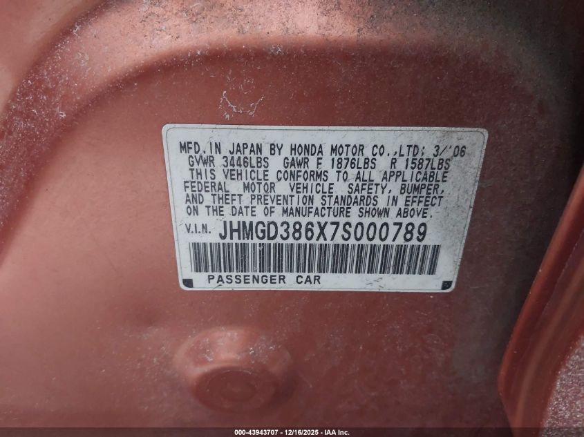 2007 Honda Fit Sport VIN: JHMGD386X7S000789 Lot: 43943707