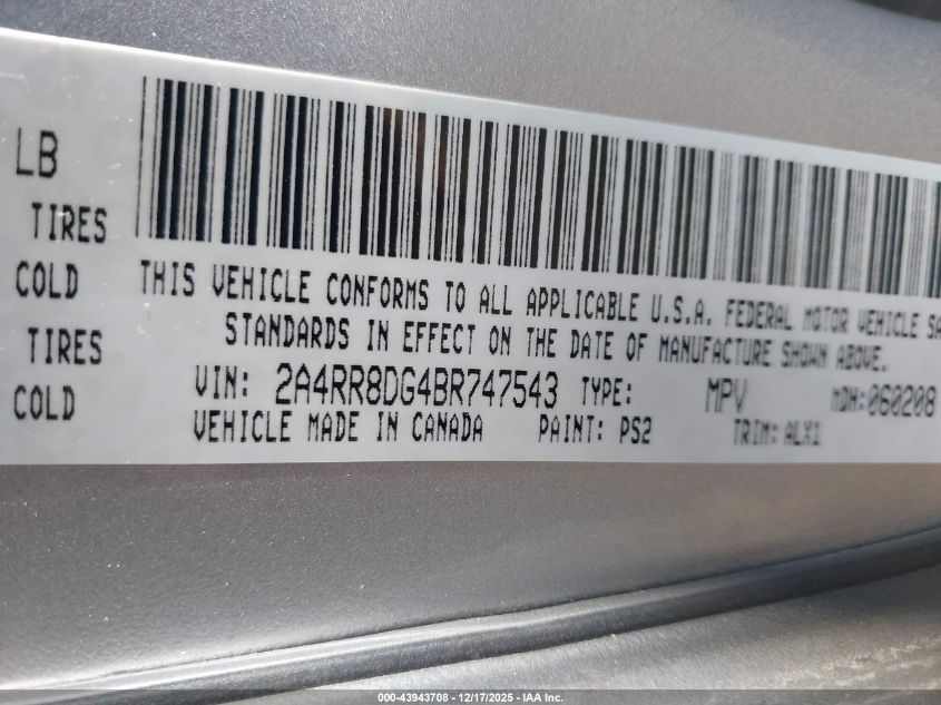 2011 Chrysler Town & Country Touring-L VIN: 2A4RR8DG4BR747543 Lot: 43943708