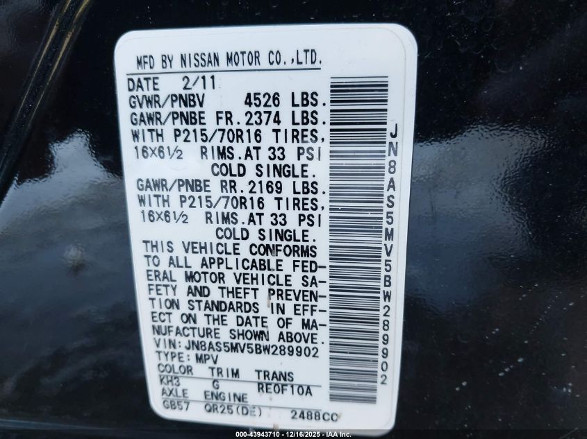 2011 Nissan Rogue S VIN: JN8AS5MV5BW289902 Lot: 43943710