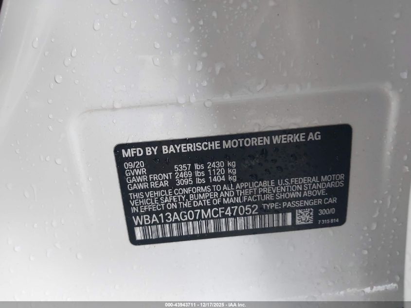 2021 BMW 530E VIN: WBA13AG07MCF47052 Lot: 43943711