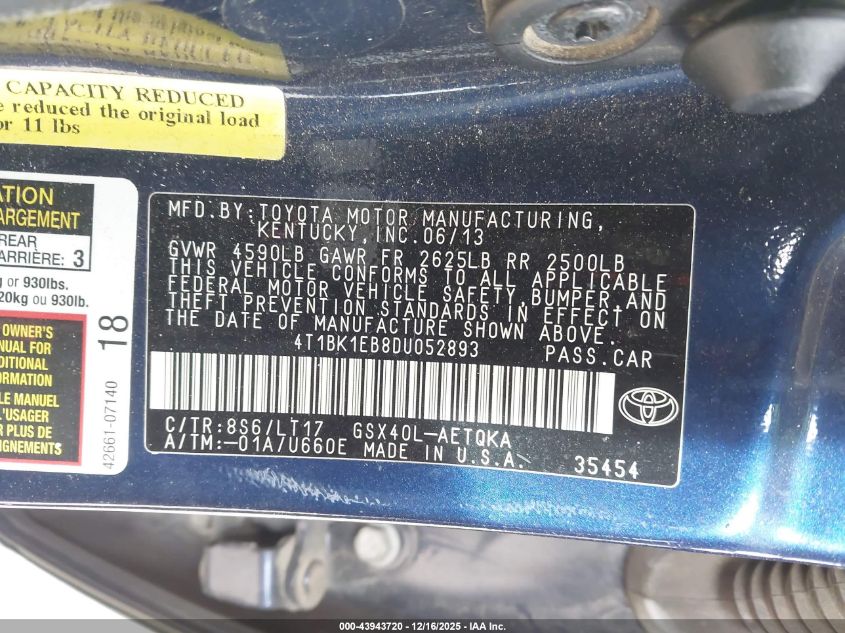 2013 Toyota Avalon Xle Touring VIN: 4T1BK1EB8DU052893 Lot: 43943720