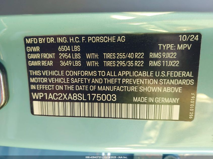 2025 Porsche Macan Electric Turbo VIN: WP1AC2XA8SL175003 Lot: 43943723