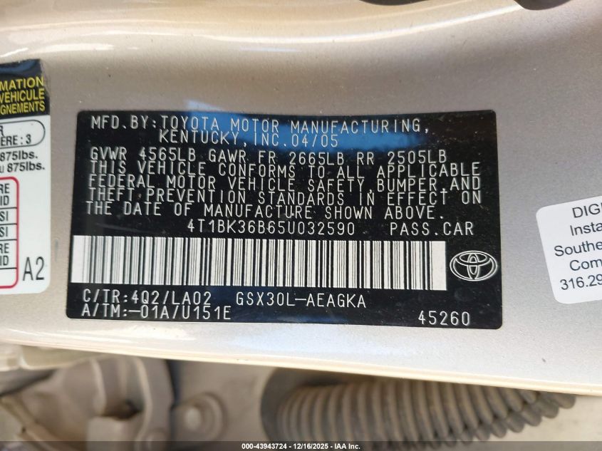 2005 Toyota Avalon Xls VIN: 4T1BK36B65U032590 Lot: 43943724