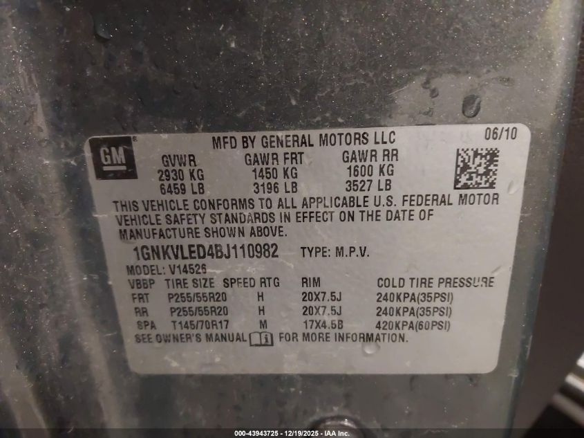 2011 Chevrolet Traverse Ltz VIN: 1GNKVLED4BJ110982 Lot: 43943725