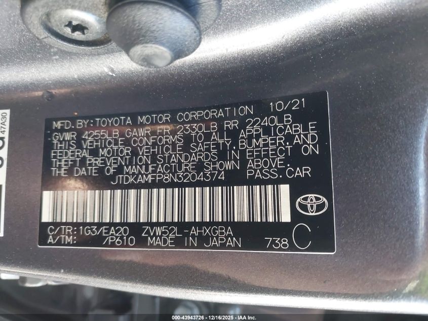 2022 Toyota Prius Prime Xle VIN: JTDKAMFP8N3204374 Lot: 43943726
