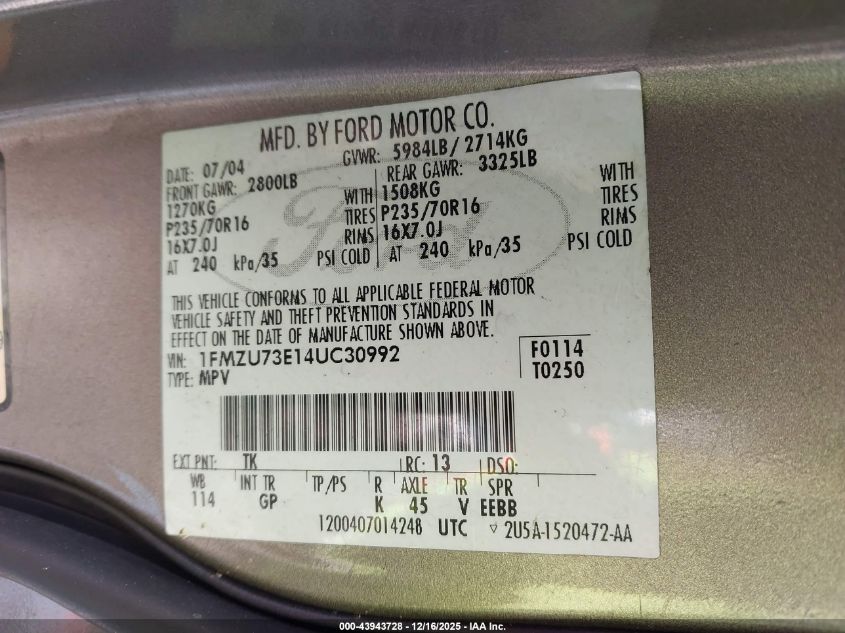 2004 Ford Explorer Nbx/Xlt VIN: 1FMZU73E14UC30992 Lot: 43943728