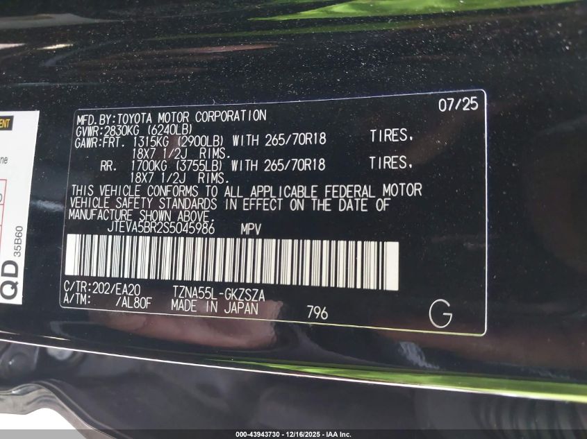 2025 Toyota 4Runner Trd Off Road Premium VIN: JTEVA5BR2S5045986 Lot: 43943730