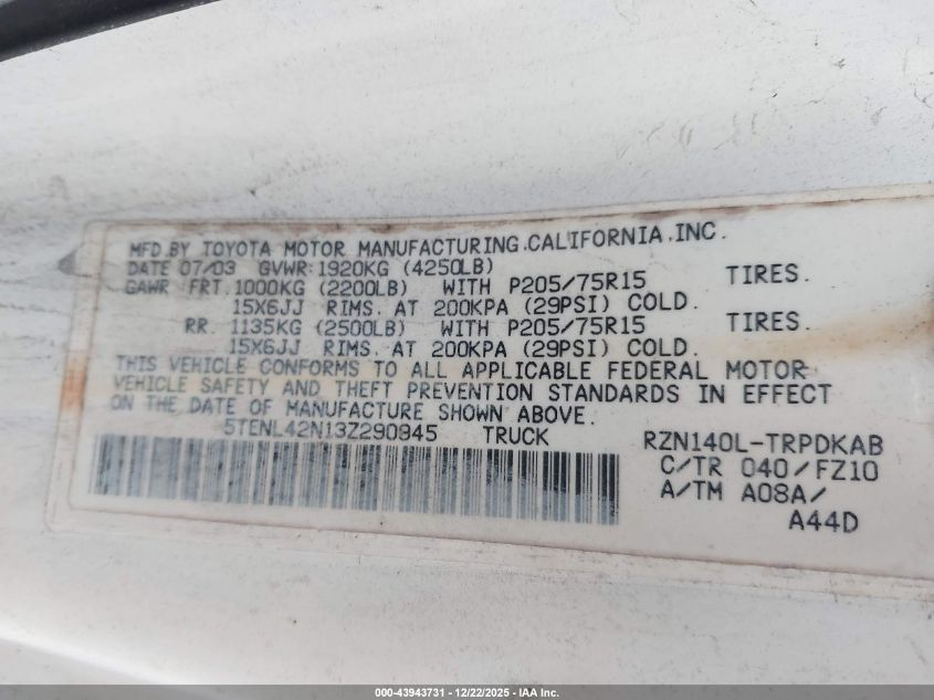 2003 Toyota Tacoma VIN: 5TENL42N13Z290945 Lot: 43943731
