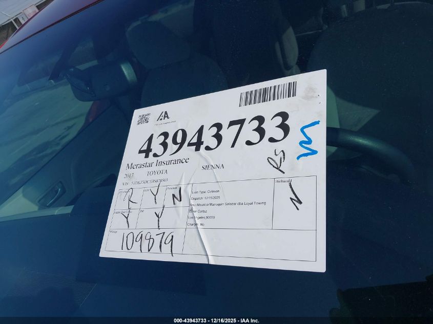 2017 Toyota Sienna Le 8 Passenger VIN: 5TDKZ3DC1HS878503 Lot: 43943733