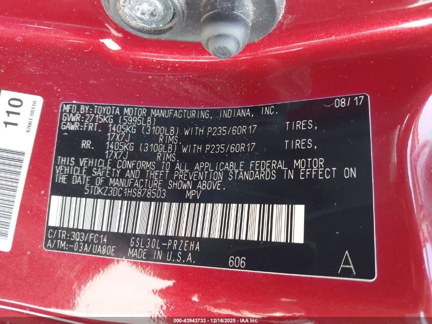 2017 Toyota Sienna Le 8 Passenger VIN: 5TDKZ3DC1HS878503 Lot: 43943733