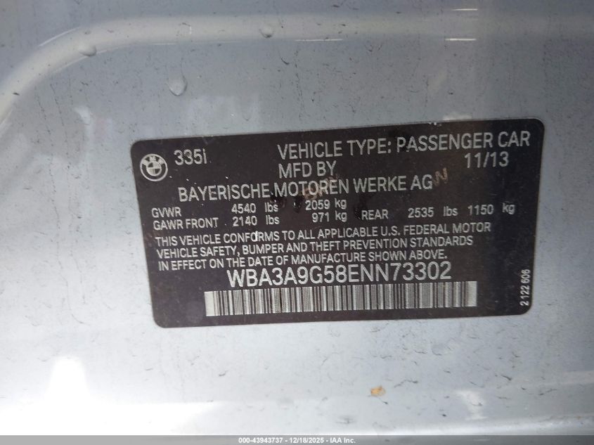 2014 BMW 335I VIN: WBA3A9G58ENN73302 Lot: 43943737