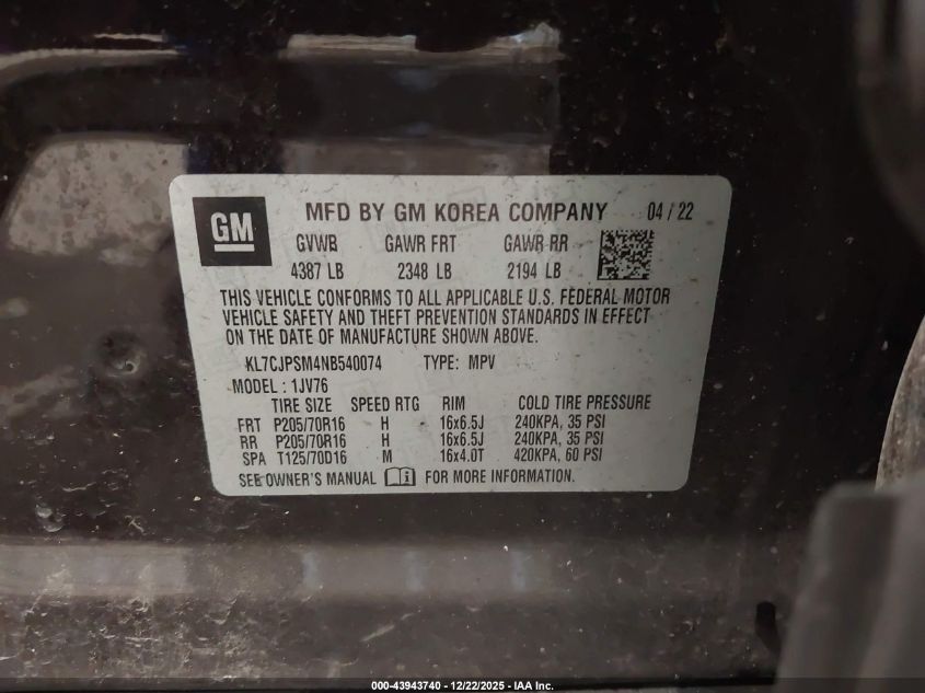 2022 Chevrolet Trax Awd Lt VIN: KL7CJPSM4NB540074 Lot: 43943740