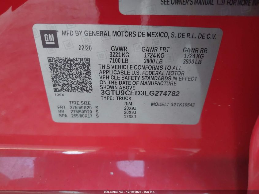 2020 GMC Sierra 1500 4Wd Short Box Elevation VIN: 3GTU9CED3LG274782 Lot: 43943743