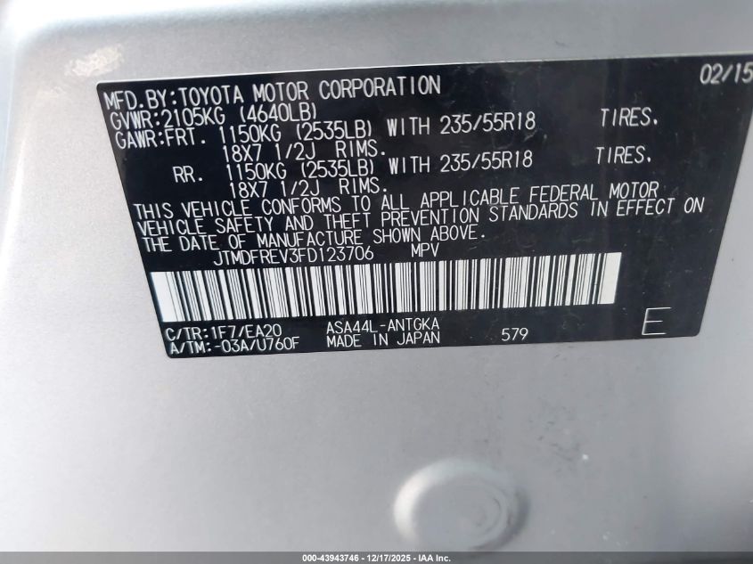 2015 Toyota Rav4 Limited VIN: JTMDFREV3FD123706 Lot: 43943746