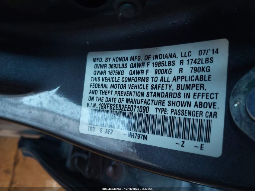 2014 Honda Civic Lx VIN: 19XFB2E52EE071090 Lot: 43943750