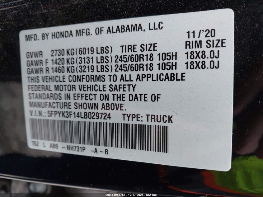 2020 Honda Ridgeline Awd Sport VIN: 5FPYK3F14LB029724 Lot: 43943753