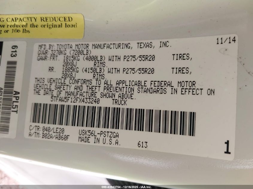 2015 Toyota Tundra Platinum 5.7L V8 VIN: 5TFAW5F12FX433240 Lot: 43943754