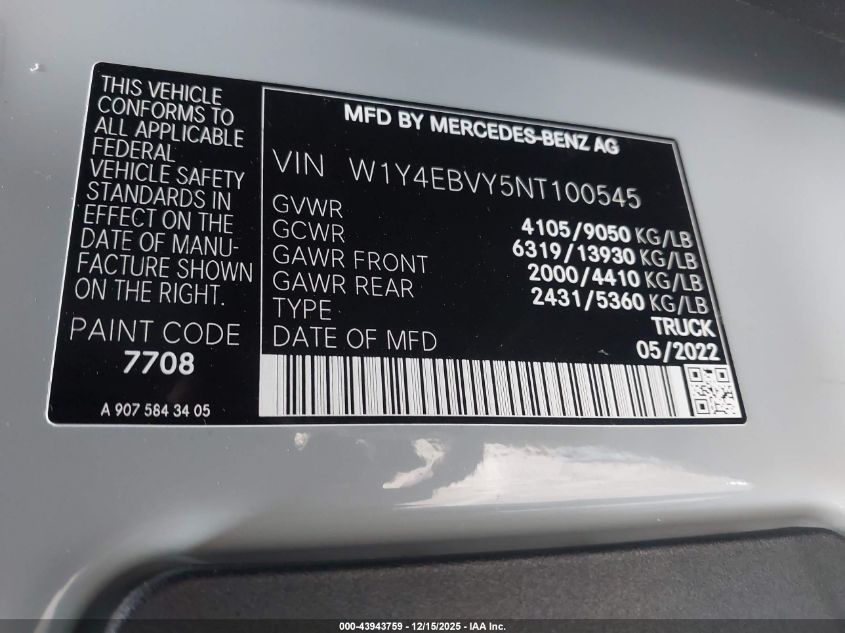 2022 Mercedes-Benz Sprinter 2500 Standard Roof V6 VIN: W1Y4EBVY5NT100545 Lot: 43943759