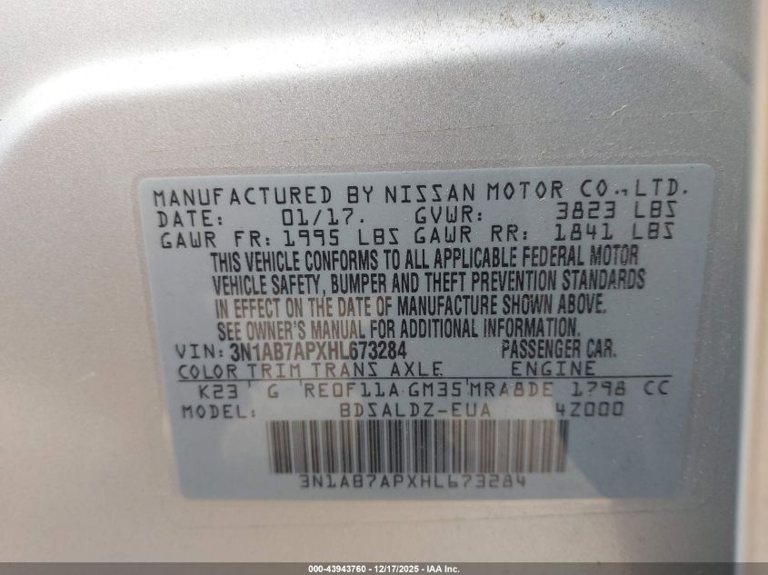 2017 Nissan Sentra Sv VIN: 3N1AB7APXHL673284 Lot: 43943760