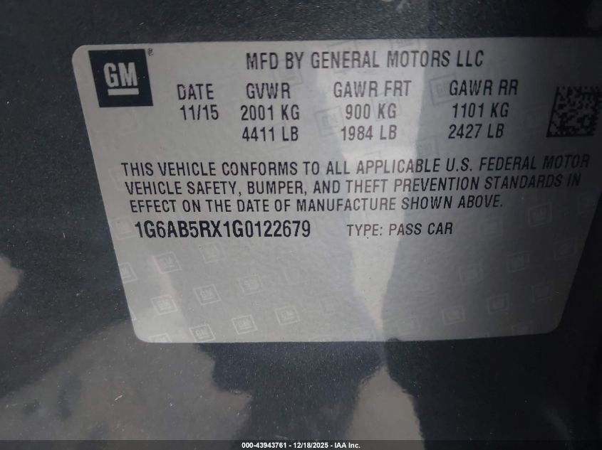 2016 Cadillac Ats Luxury VIN: 1G6AB5RX1G0122679 Lot: 43943761